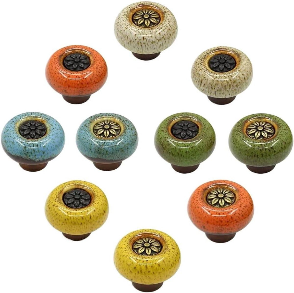 Keramische kastknoppen met vintage bloem design, meerkleurig, diameter: 32 mm