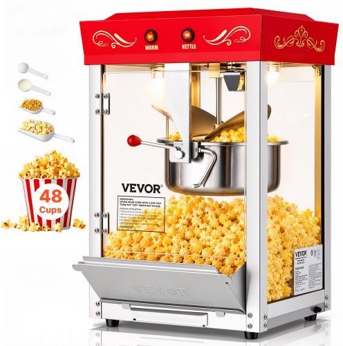 VEVOR Popcornmachine met roestvrijstalen waterkoker, 800W commerciële popcornmachine, 48 kopjes per lading, rood