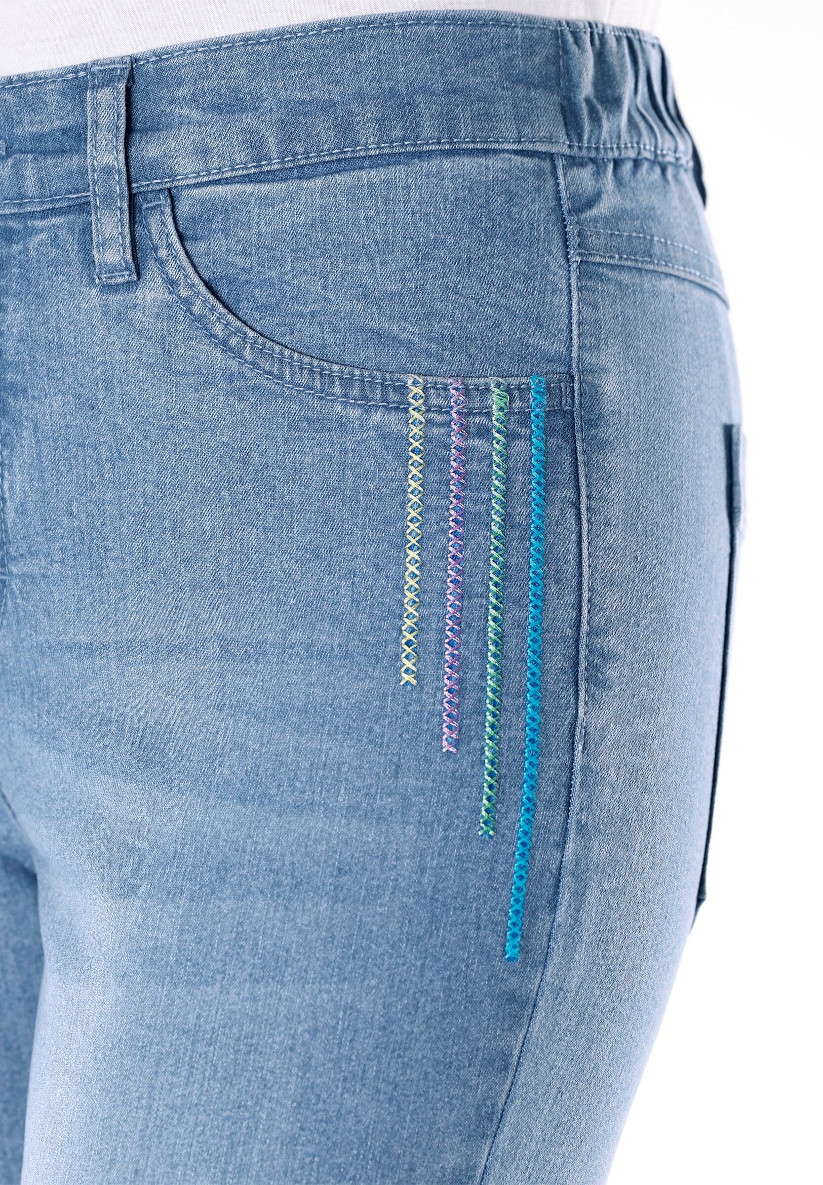 Sieh An! Bequeme Jeans SIEH AN "Jeans Jeans mit Stickerei an den Taschen", Damen, Gr. 52, blau (blau, bleached), Sportlich, gerade, Jeans Bequeme Jeans