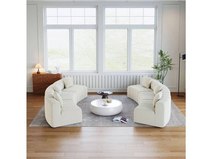 Maisentiel Canapé modulable courbé en chenille beige 6 places 2 coussins sans montage