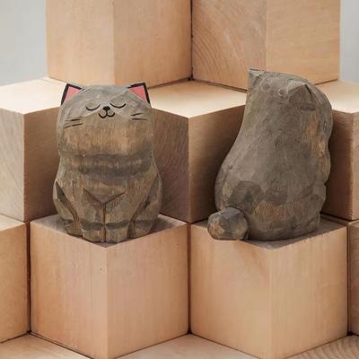 Inspired Finds Handcrafted Wooden Cat Figurine Decor Cute Kitten Statue For Desk, Car, And Home Accent solid Gray