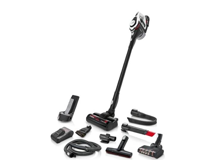 Bosch Akku-Staubsauger Unlimited Gen2 Serie 8 BSS825ALL, beutellos, bis 45 Min Laufzeit, austauschbarer Akku, Schnellladegerät, Hartboden-Softdüse mit LED, XXL-Polsterdüse, Fugendüse, weiß