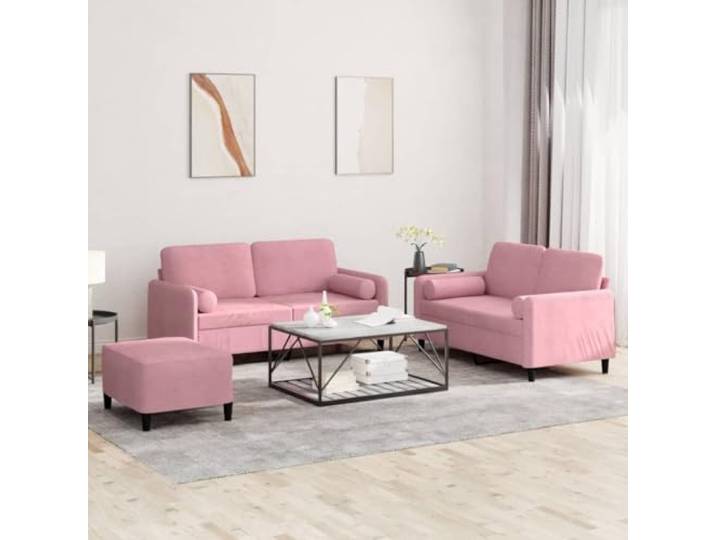 HEFZGDB 3-TLG. Sofagarnitur mit Kissen Rosa Samt – Weiches Velours Sofa Set mit robustem Metallgestell, bequemer Polsterung und praktischem Hocker für Wohnzimmer, Essbereich