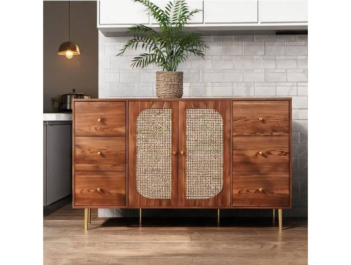Buffet en MDF et rotin 160x40x90 cm rangement multifonction avec porte et tiroir style contemporain