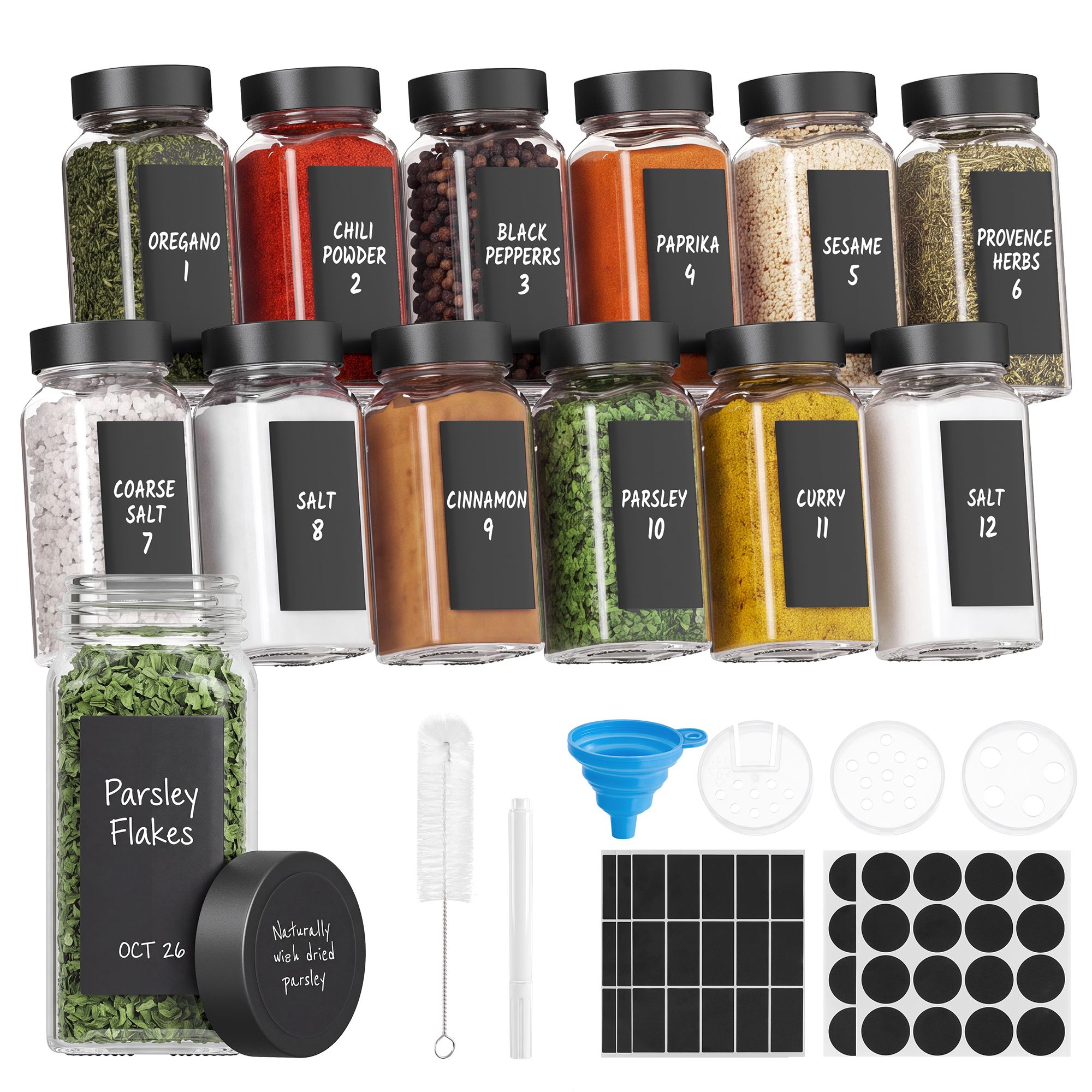 SONGMICS 12 schwarze Gewürzgläser mit Streueinsatz und Etiketten KCS120B101