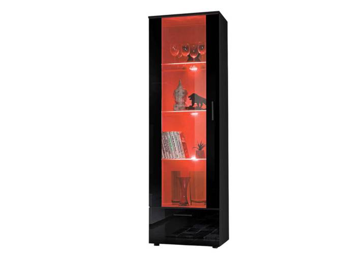Komodee Vitrine Alessandria, Schwarz, LED Mehrfarbige, Schwarz, Schwarz, Uni, 3 Fächer, Rechteckig, 60x192x42 cm, Esszimmer, Vitrinen, Vitrinenschränke