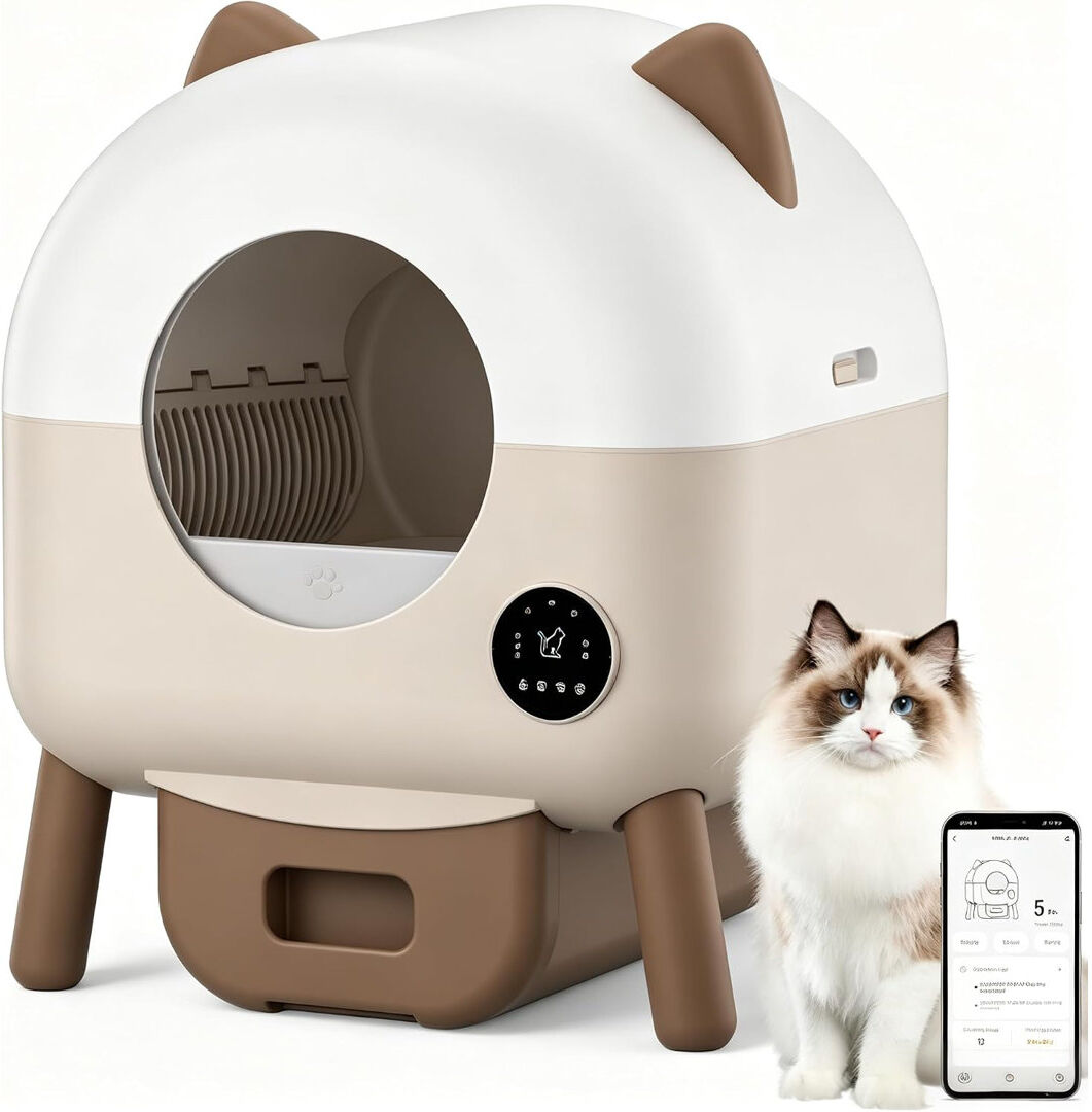 Rebrilliant Self Cleaning Cat Litter Tray 66L Monitoring Features, App Control Automatic Cat Litter Tray, Extra-Large, 6 Ambient Lights Adjustable, Safety Detecto Beige 55.2cm H X 57.9cm W X 52.2cm D