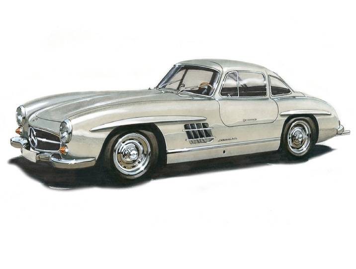 Fototapete PAPERMOON MB300SL GULLWING 1954 -VINTAGE AUTO ILLUSTRATION RETRO , bunt, B:4m L:2,6m, Vlies, Tapeten, Fototapete