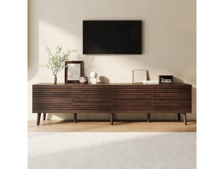 Fiednoy TV-Lowboard 180cm Walnussholzfarbe Mit 4 Gittertüren Für 75-Zoll-TV TV-Schrank Mit Push-to-Open, 8 Beine, 50kg Belastbar, Skandi-Design， Wohnzimmer Fernsehschrank， Saugroboter-freundlich