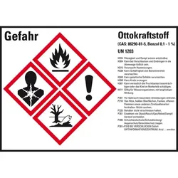 König Werbeanlagen Dreifke® Aufkleber I Gefahrstoffetikett Ottokraftstoff UN 1203, GefStoffV/GHS/CLP, 148x105mm, 4/Bogen