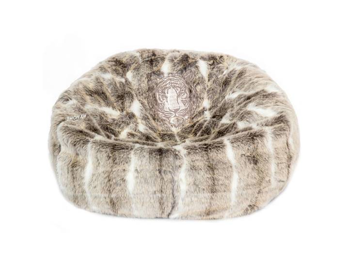 Pouf en fausse fourrure brodé marron clair
