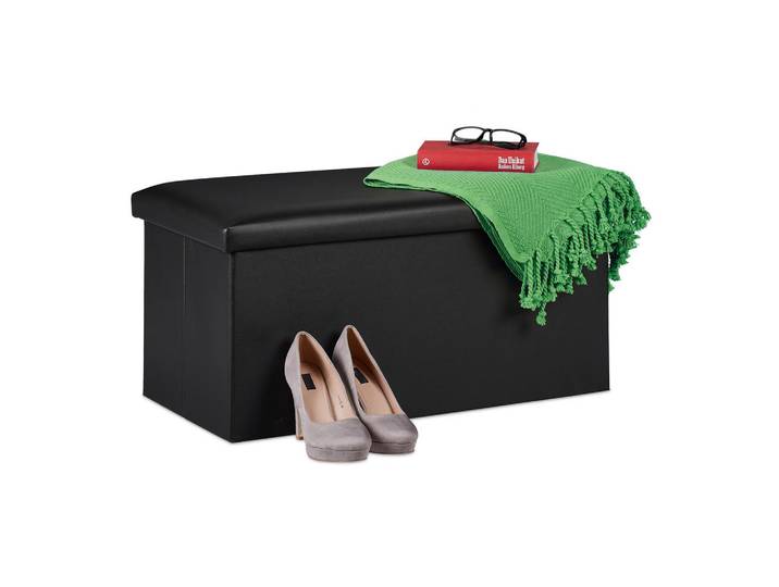 Relaxdays Sitzbank Schwarz Kunstleder mit Stauraum klappbar, Holzwerkstoff, Kunststoff, Textil, 76.5x37.5x38.5 cm, Wohnzimmer, Sessel, Hocker, Sitzhocker