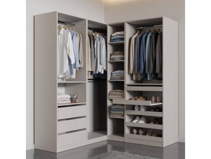 Kleiderschrank Set – Eckkleiderschrank mit Schubladen, Kleiderstangen und Regalfächern – begehbarer Eckschrank – 275x206x51cm - Marmex Möbel TRES Set 30C in graubeige Cashmere