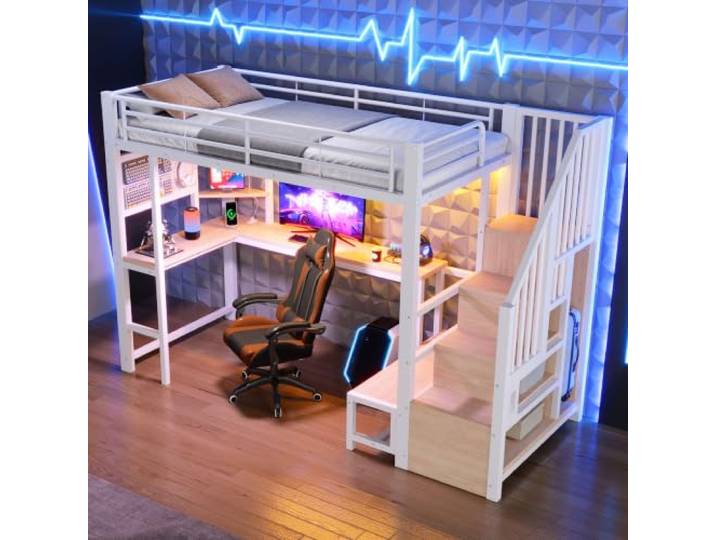 FAVSH Hochbett 140x200 cm, Metallbett mit Schreibtisch, Regalen und Lochwand, Hochbett für Erwachsene und Jugendliche mit LED-Beleuchtung, USB- und Type-C-Anschluss,Trittleiter, ohne Matratze, Weiß