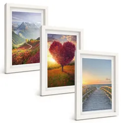 BILDER SET 3er Set - 20x30 cm Weißer Rahmen - Landschaften Berge Baum Herz Pier