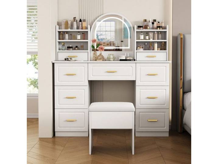 Coiffeuse avec miroir coiffeuses avec éclairage LED coiffeuse avec 9 tiroirs coiffeuse blanc pour salon chambre 120x COIFFEUSE