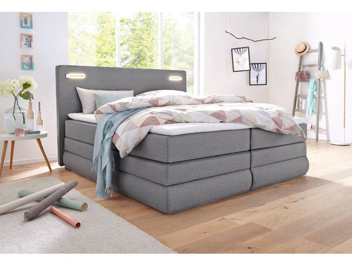 Boxspringbett, Holzwerkstoff, Hellgrau, 195×210 cm, Mit Bettkasten & LED-Beleuchtung, Modern, COLLECTION AB
