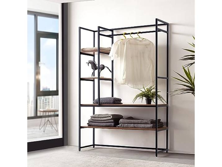 [en.casa] Portant à Vêtements Portemanteau au Style Industriel Garde-Robe Ouverte Penderie avec Étagères pour Entrée Chambre Dressing Métal MDF 180 x 120 x 40 cm Noir Effet Noyer