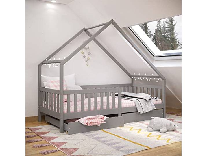 IDIMEX Hausbett ALVA aus Kiefer Massivholz, grau - Kinderbett mit Dach, Tipibett mit Schubladen, Kinderzimmer Bett, Bodennahes Bett Montessori, ideal für Dachschrägen