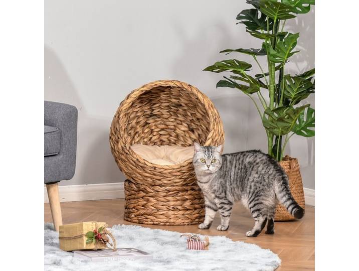 Lit pour chat surélevé en osier avec coussin, panier pour chat en jacinthe d'eau tressé à la main, marron, 50x42x60cm