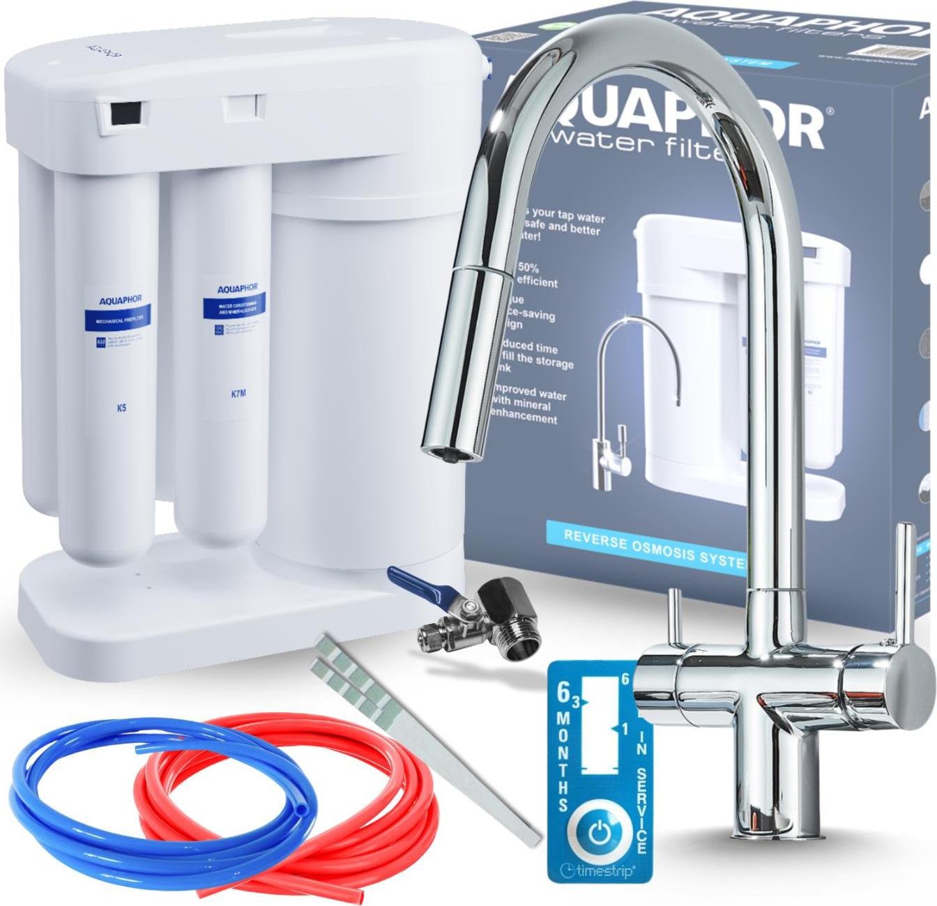Wasserfilter Set Morion mit 3-Wege Küchenarmatur ARI Slender, Umkehrosmose, ausziehbare Brause, 360° schwenkbar, Chrom