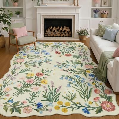 BLUEBELL Floral Scalloped Machine Washable Area Rug, Non Slip Faux Wool Botanical Carpet