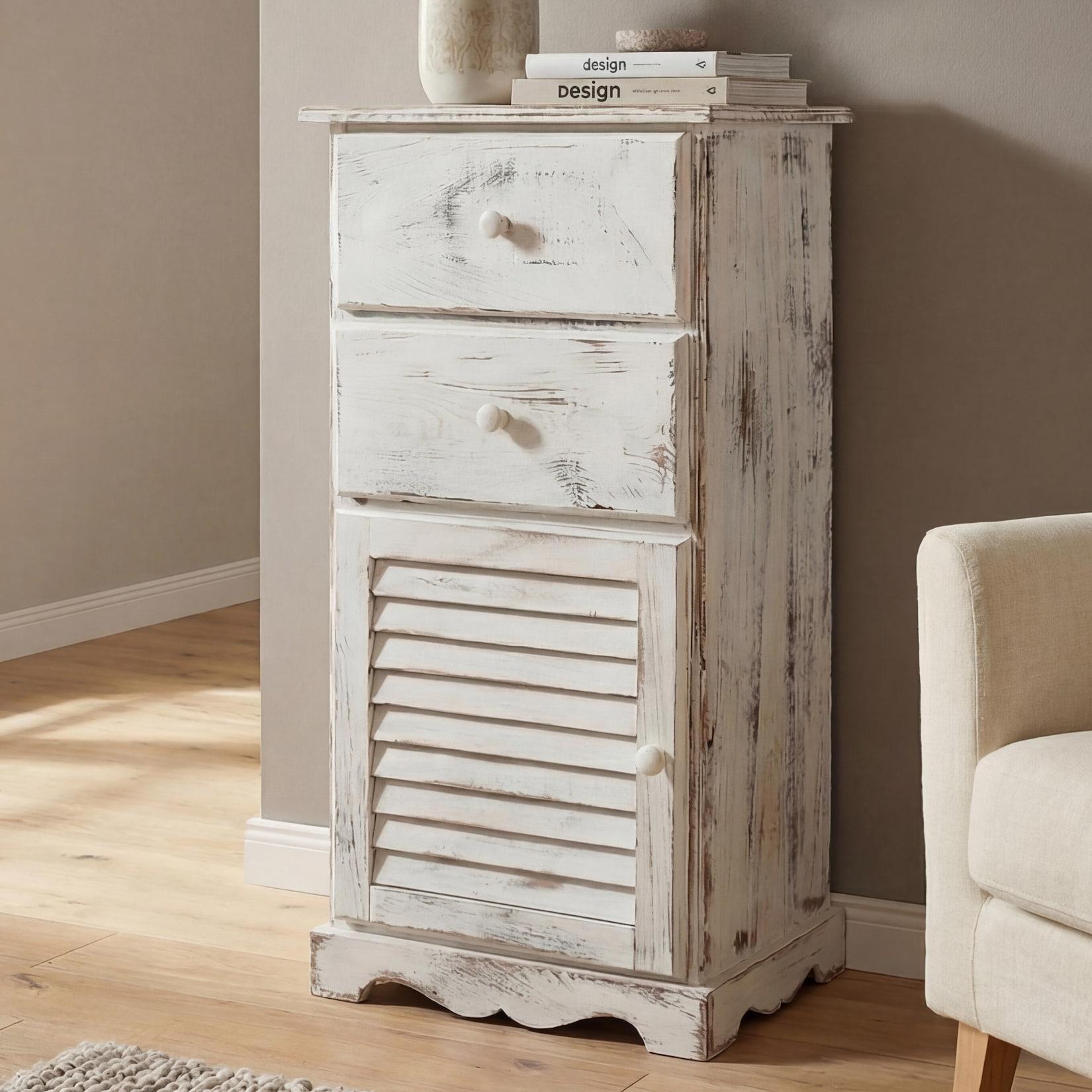 Kommode Schrank, 81x40x32cm, Shabby-Look, Vintage ~ weiß