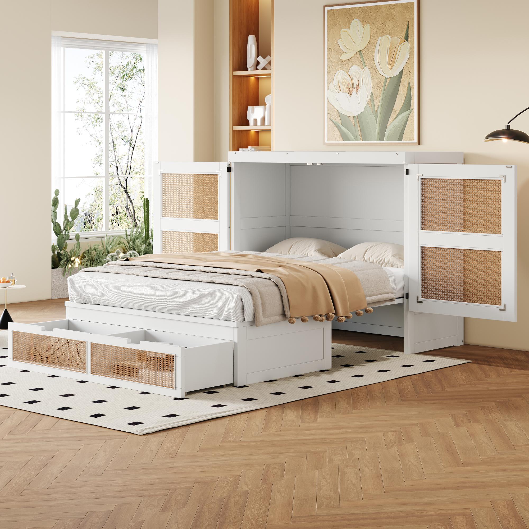 Wandklappbett 140x200cm (weißes Rattan und Holz): Vertikal klappbares Wandbett, Lattenrost, Schubladen, für Kinder/Einzelperson