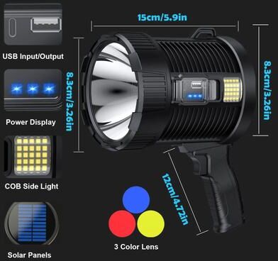Lush Living Finds Rechargeable Spotlight Lumens, Handheld Super Bright LED Spot Lights, Solar Powered Searchlight With Side Floodlight small