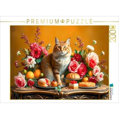 CALVENDO Puzzle Katze auf Tisch mit Blumen und Obst im Stil der Alten Meister | 2000 Teile Lege-Größe 90x67cm Foto-Puzzle für glückliche Stunden