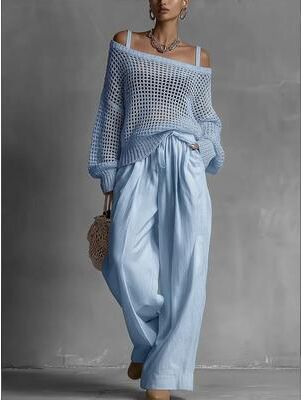 Fashion Sheath Aura Knit Summer Set Womens Mesh Crochet Knit Top And Wide Leg Pants light Blue s