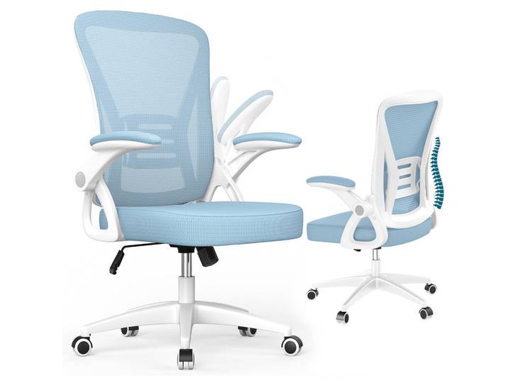 Rattantree Bürodrehstuhl ergonomisch, mittelhohe Rückenlehne, klappbare Armlehnen – Hellblau, Blau, Metall, 50x102x50 cm, Büromöbel, Bürostühle, Drehstühle
