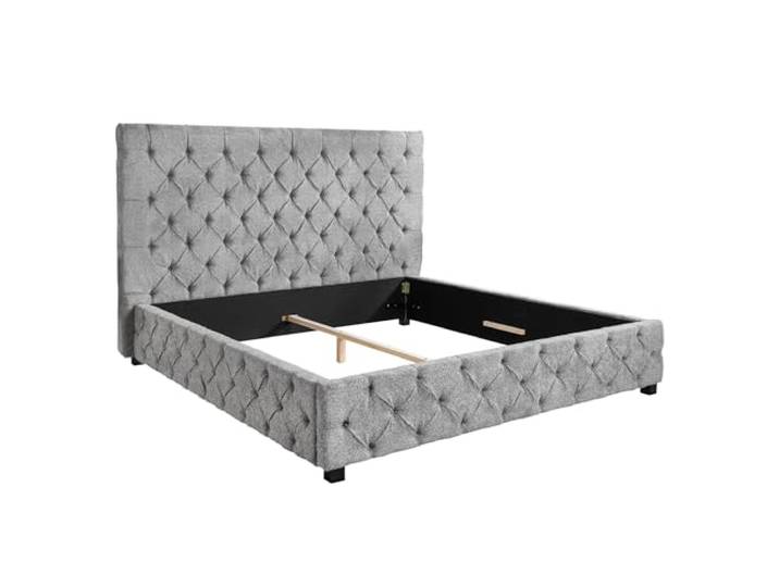 Boxbett PARIS - 180x200 cm - grau - Bouclé Chesterfield hohes Kopfteil stabiler Mittelbalken, Ziersteppung, Teddystoff, hoher Komfort, komfortable Rückenlehne, modernes Design