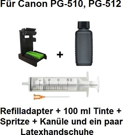 Die Patronenprofis Navuladapter met 100 ml INK-MATE zwarte navulinkt voor Canon PG-510 en PG-512