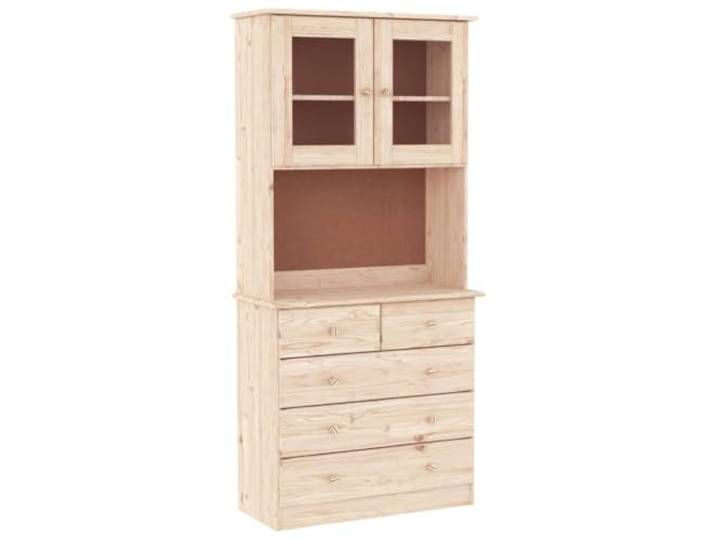 HGFDVCMR Highboard ALTA 77x35x165 cm Massivholz Kiefer Unbehandelt Vielseitiger Schrank aus naturbelassener Kiefer mit Glastüren und Schubladen für Wohnzimmer oder Esszimmer.