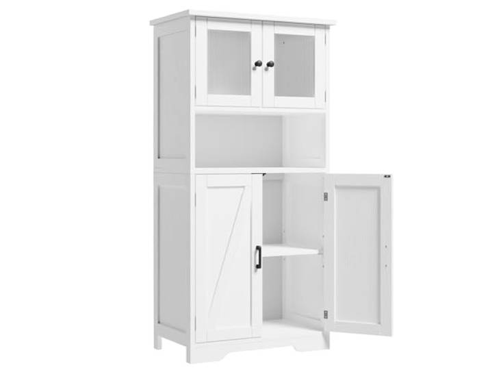 GarveeMore Küchenschrank, Badschrank,Küchenhochschrank,Vorratsschrank, mit Verstellbaren Einlegeböden, Offenes Fach, Moderner Stil, weiß