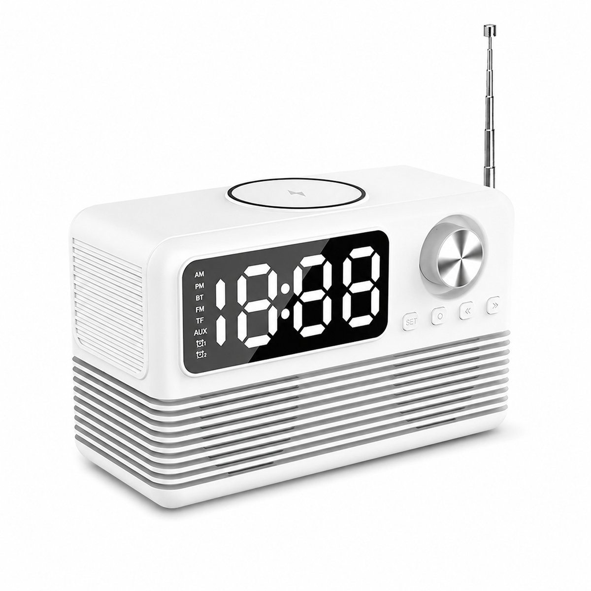 Bobypet Digitale Wekker met 15W Draadloze Oplader, Bluetooth 5.3 Speaker en FM Radio, Wit