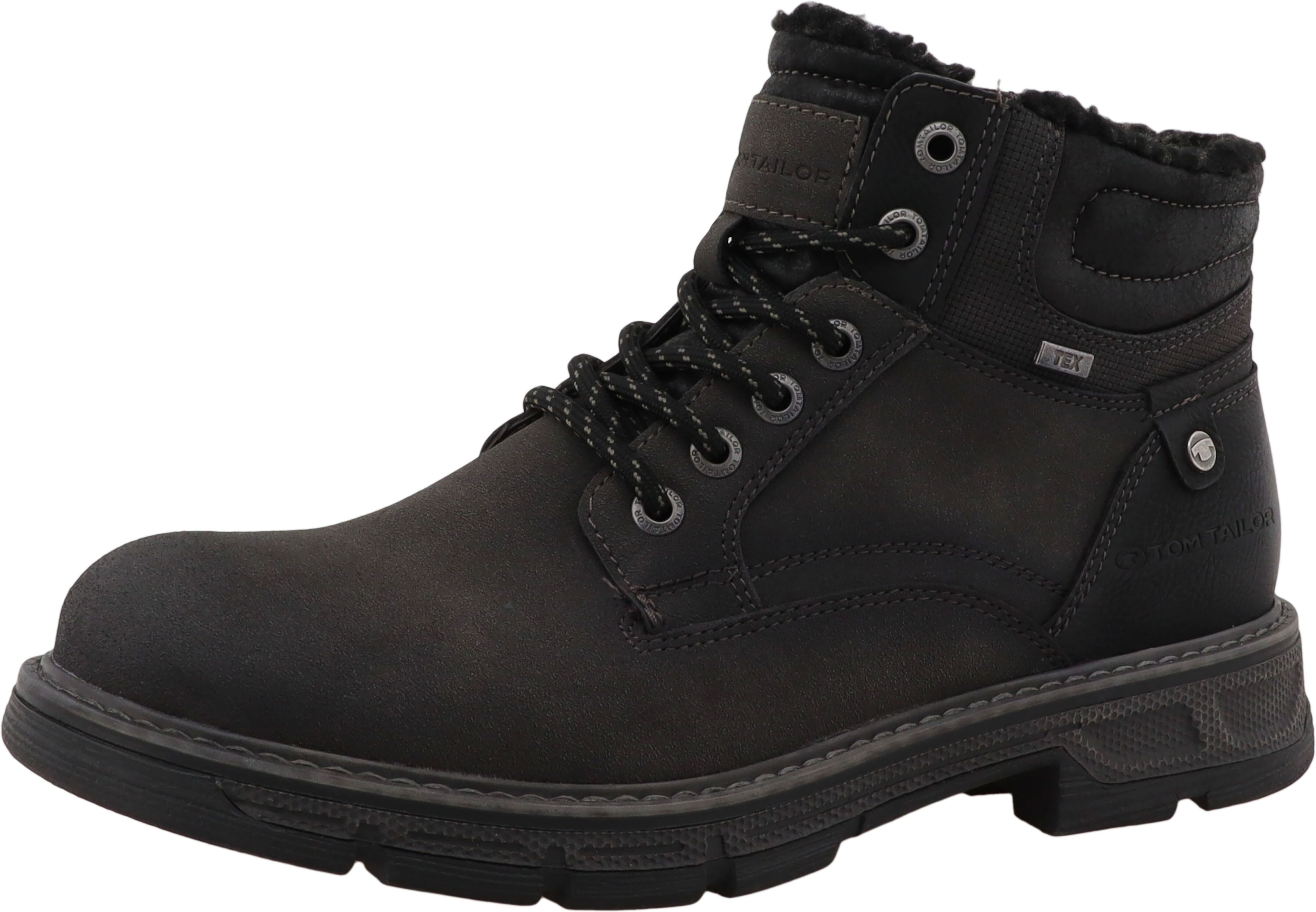 Winterboots TOM TAILOR, Herren, Gr. 41, Warmfutter, schwarz (anthrazit), Lederimitat, Textil, Schuhe Winterboots, Schnürboots mit Niete und Ziernähten anthrazit 41, Warmfutter