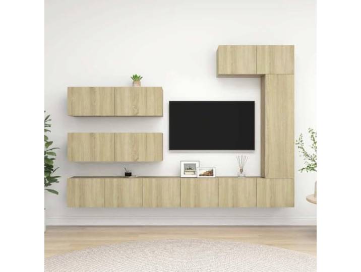 HEFZGDB 7-TLG. TV-Schrank-Set Sonoma-Eiche Holzwerkstoff Moderner Wandschrank mit großem Stauraum für Wohnzimmer Aufbewahrung
