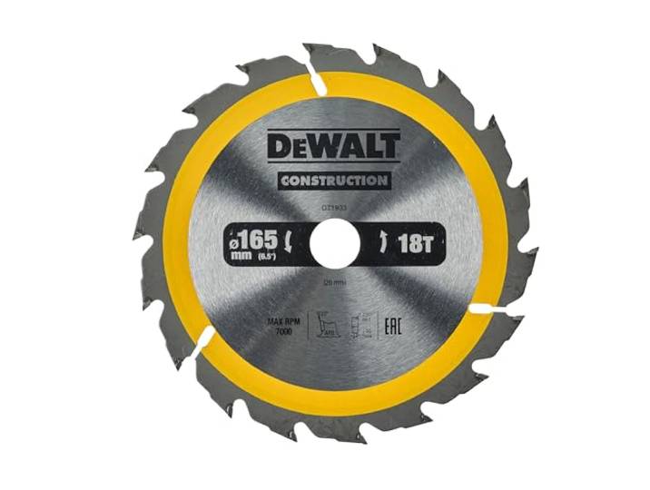 Dewalt Construction DT1933 Bouwcirkelzaagblad voor handcirkelzagen (165/20, 18 WZ, 20 °, voor snelle sneden op handcirkelzagen, extreem robuust en spijkerbestendig)