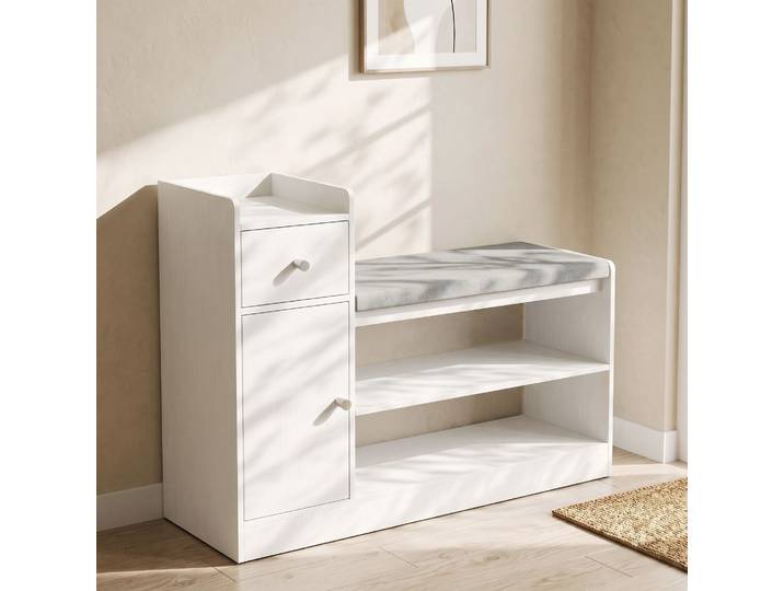 HOMCOM Banc à Chaussures Blanc Gris Rangement Tiroir 90x29,8x67,8cm