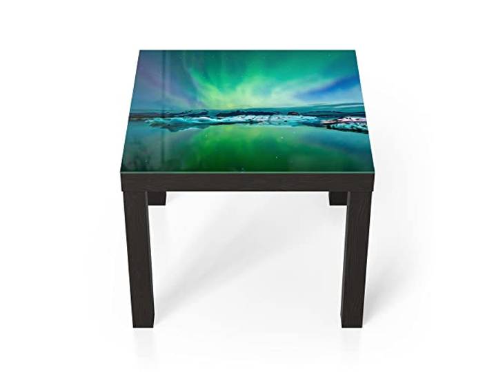 DEQORI Glastisch schwarz klein 55x55 cm Motiv Leuchtendes Polarlicht ausgefallener Beistelltisch aus Glas Hochglanz Couchtisch fürs Wohnzimmer moderner Couch Tisch mit Design