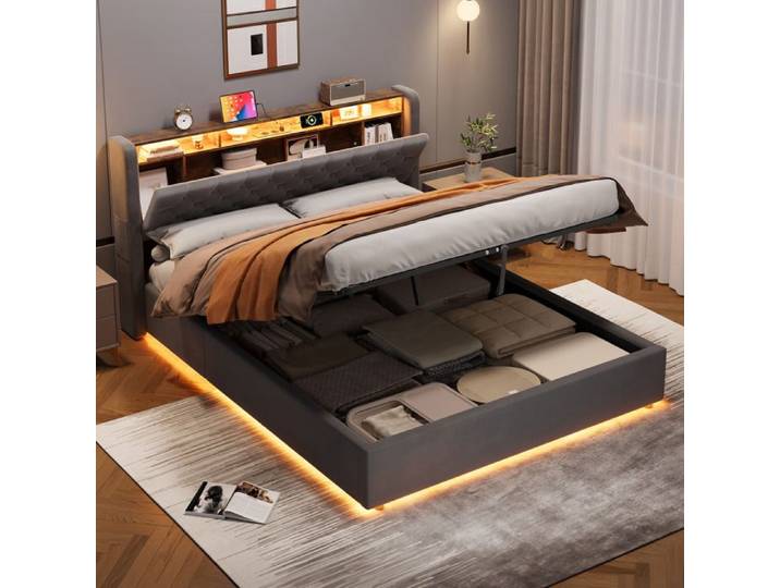 MEUBLIV Lit coffre 160x200 cm avec LED et prise électrique tête de lit rabattable (matelas non inclus) gris foncé