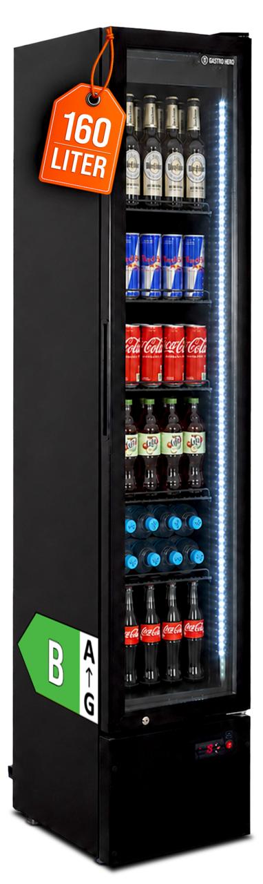 GastroHero Getränkekühlschrank GKS-160 Slim, 160 L Kühlvolumen, LED-Innenbeleuchtung, schwarz, abschließbar