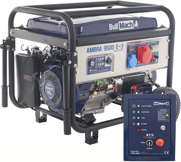 BullMach AMBRA 9500 E-3 - Benzin-Stromerzeuger auf Rädern mit AVR-System 7.5 kW - Dauerleistung 7 kW - 400V + ATS