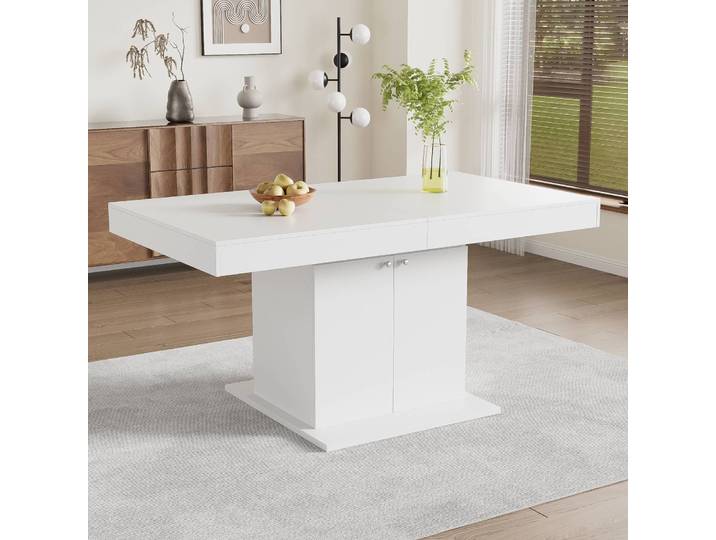 Table À Manger Extensible Blanc 140/180x80x76 Cm Avec Rangement\, Table Rectangulaire Multifonctionnelle Télescopique