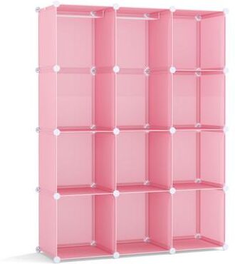 Costway Modular Baby Wardrobe with 10 Cubes & Hanging Rod and Shelves Stackable-Pink