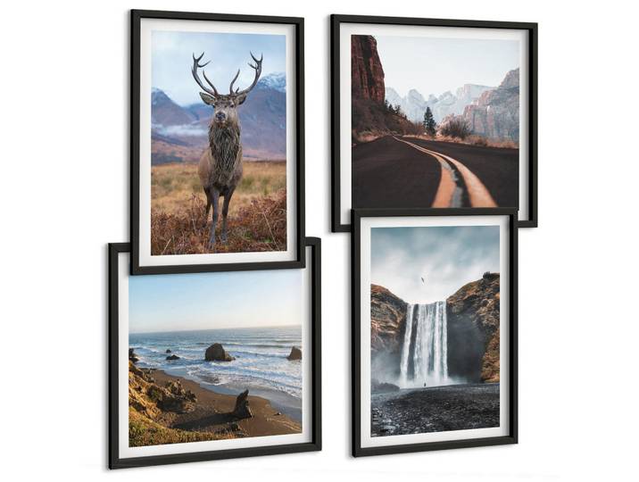 Tulup Bilder SET 4er Set - 50x50 cm & 40x60 cm Schwarzer Rahmen - Berglandschaften, Wasserfälle, Hirsche, Strände, Kunststoff, Rechteckig, 50x50 cm, Fotografie, Bilder & Rahmen, Bilder