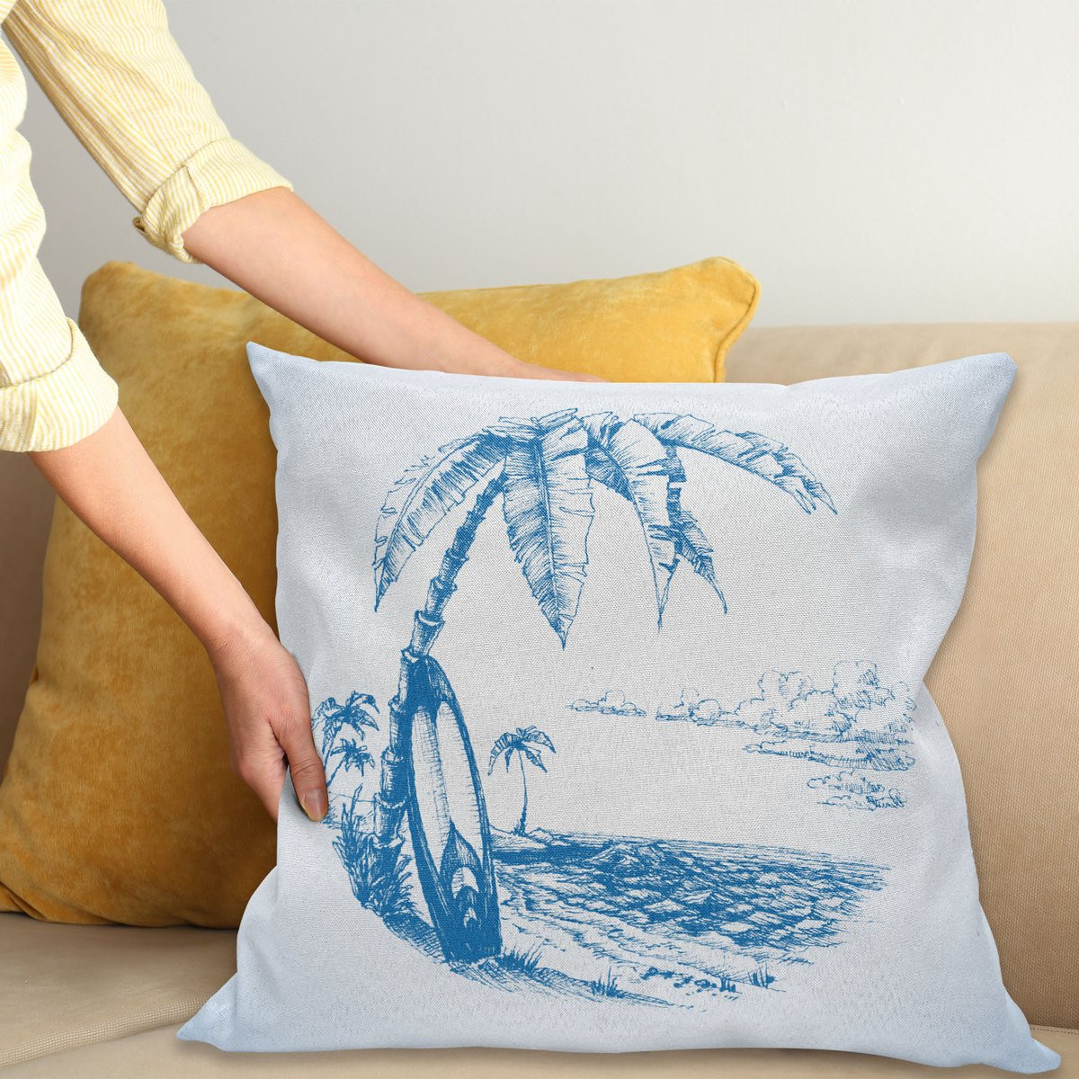 ABAKUHAUS Kussenhoes Surf Hawaii-Strand, Blauw Wit, Dubbelzijdige Digitale Print met Ritssluiting, 40 x 40 cm