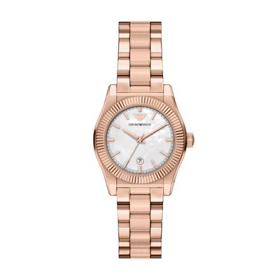 Quarzuhr EMPORIO ARMANI, rosa (roségoldfarben, perlmuttfarben, perlmuttfarben), Armbanduhren, Damen, roségoldfarben, Quarzuhr, Armbanduhr, Damenuhr, Edelstahlarmband, analog, Tag